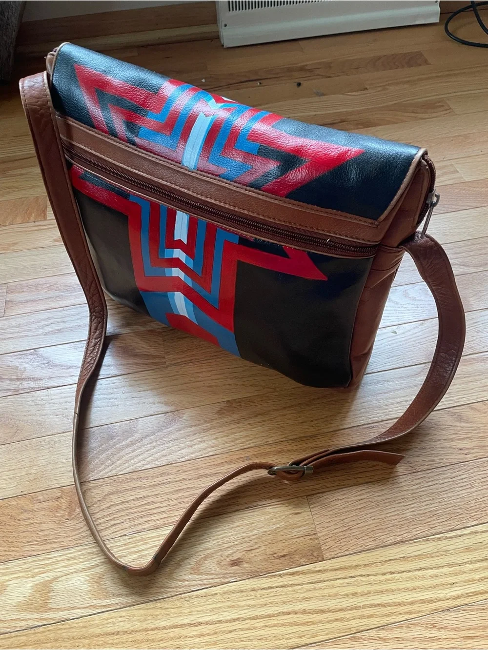 Vintage Leather Messenger Bag Hand Painted Pendleton Inspired Design